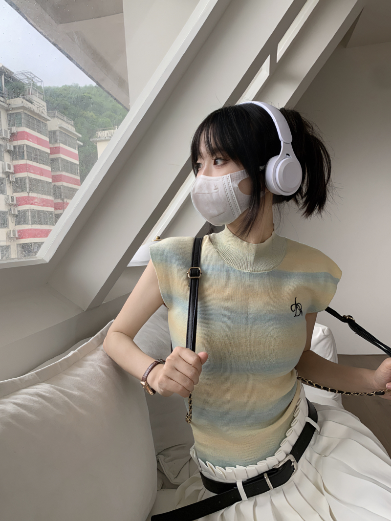 小眾刺繡條紋半高領短袖針織t恤女夏季修身短款設計感無袖上衣