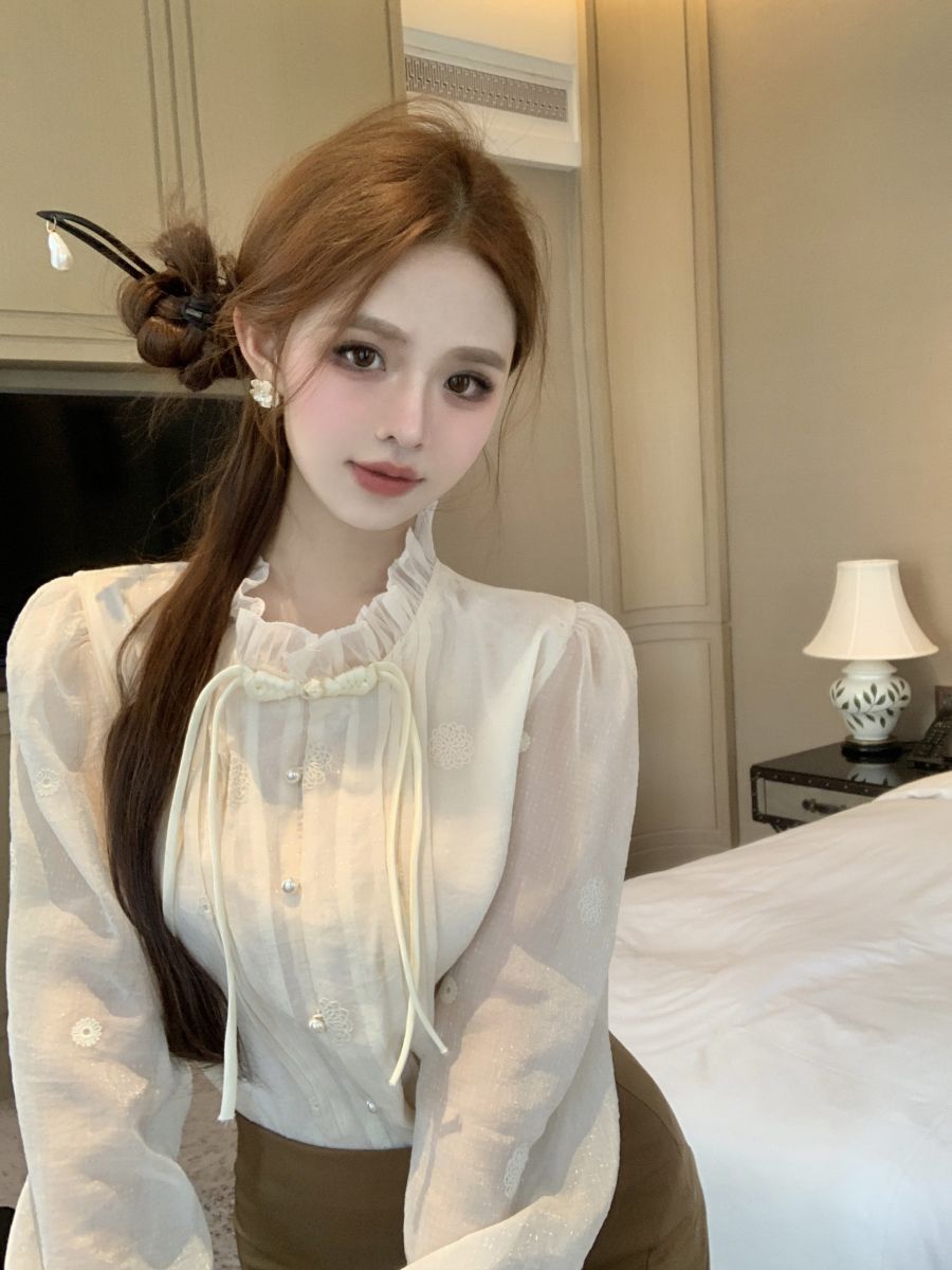 實拍 春季時尚長袖襯衫女士新中式國風上衣別致減齡洋氣小衫