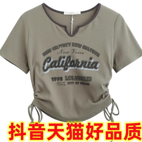 夏裝新款美式復古辣妹短款小眾設計感抽繩印花短袖T恤上衣