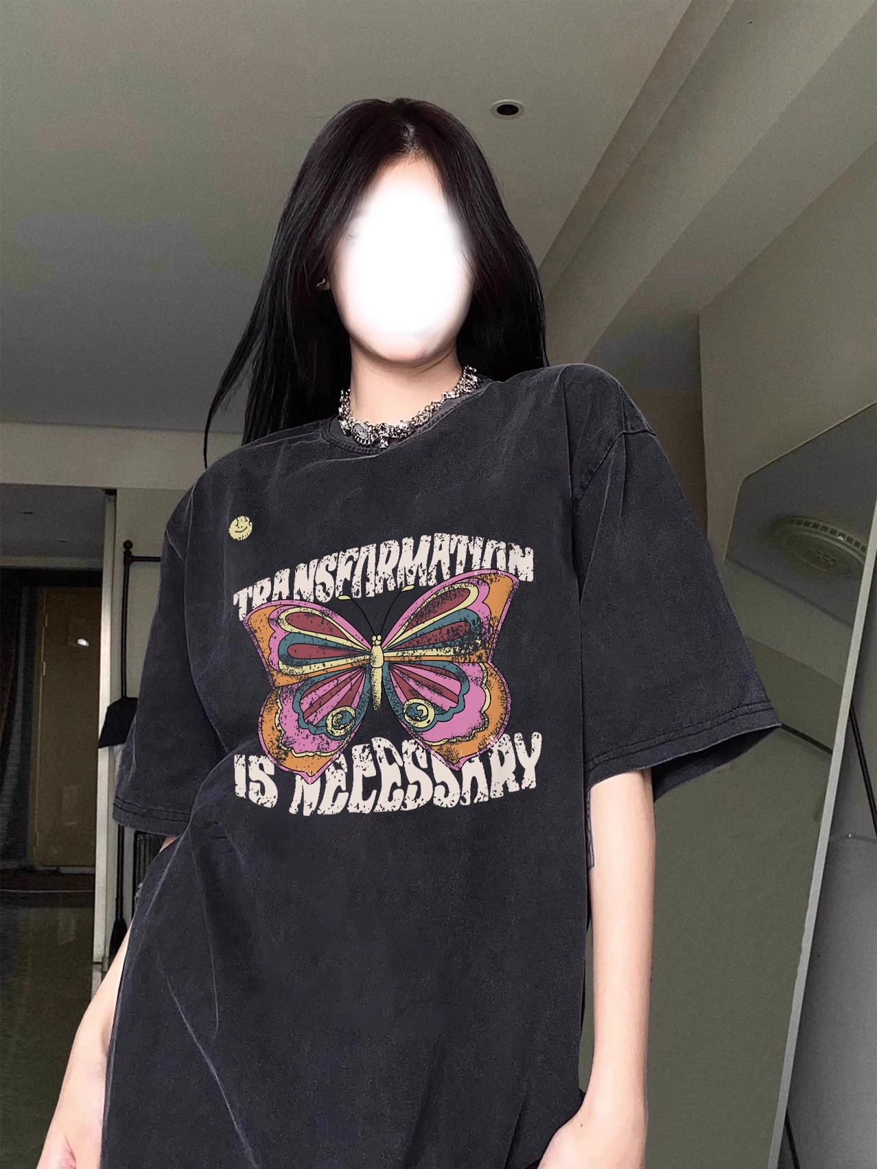 純棉230克21支精梳緊密直播品質水洗做舊 前 印花短袖T恤女