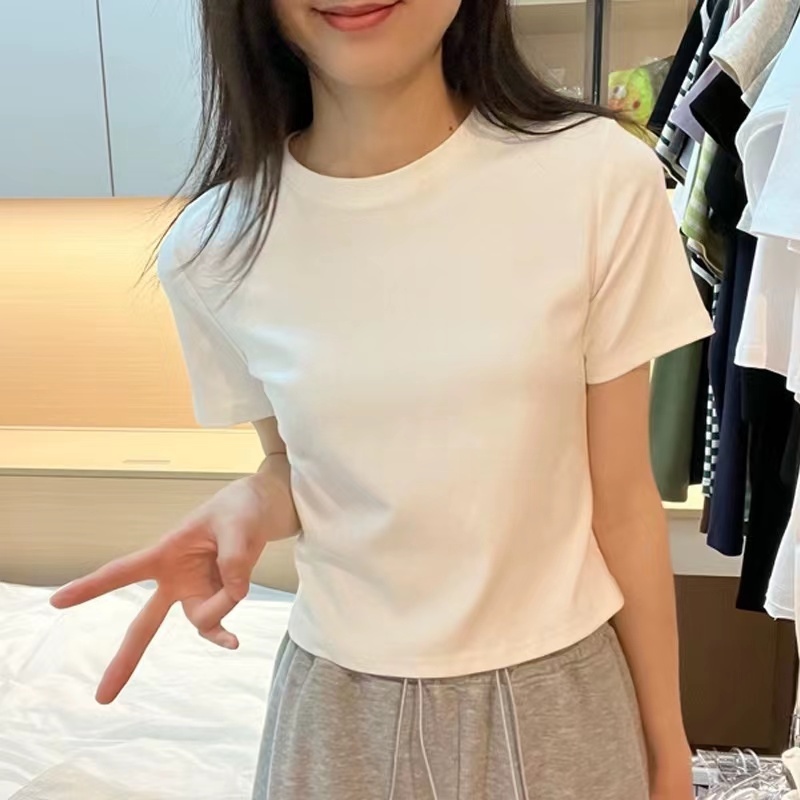 春夏白色短款圓領棉質短袖t恤女修身正肩打底體恤辣妹短裝上衣潮