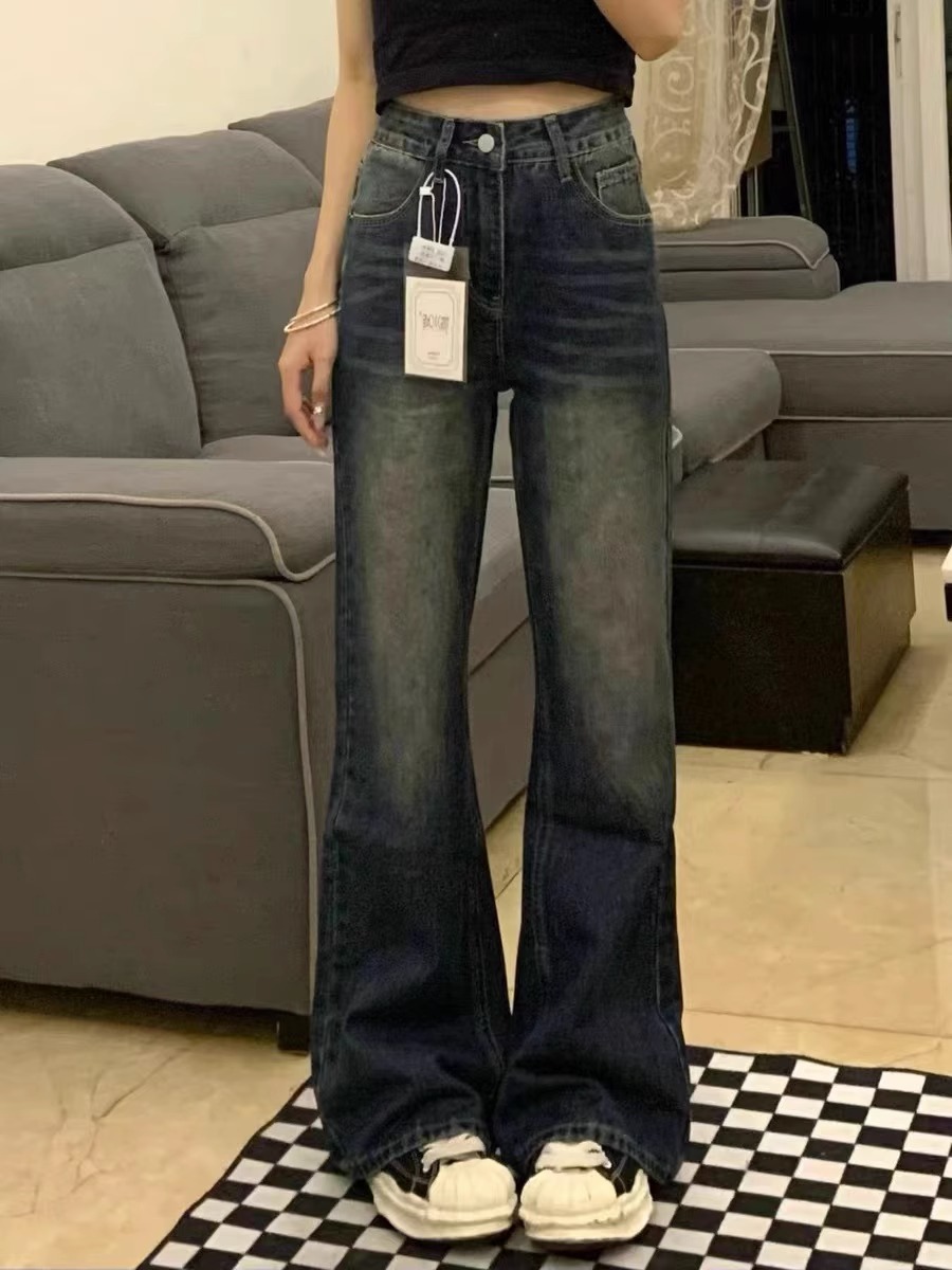 大碼港風復古闊腿褲牛仔褲女春秋直筒垂感寬鬆顯瘦拖地長褲子潮