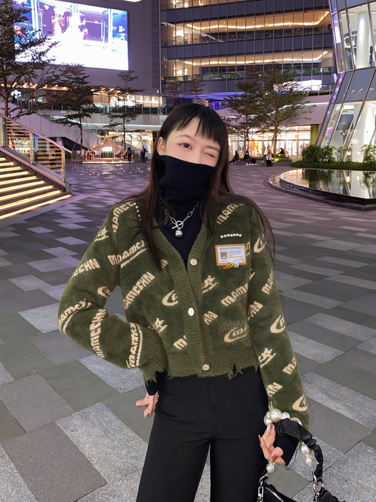 滿印logo珍珠小熊毛衣女甜酷辣妹風毛衣開衫秋季新款外套