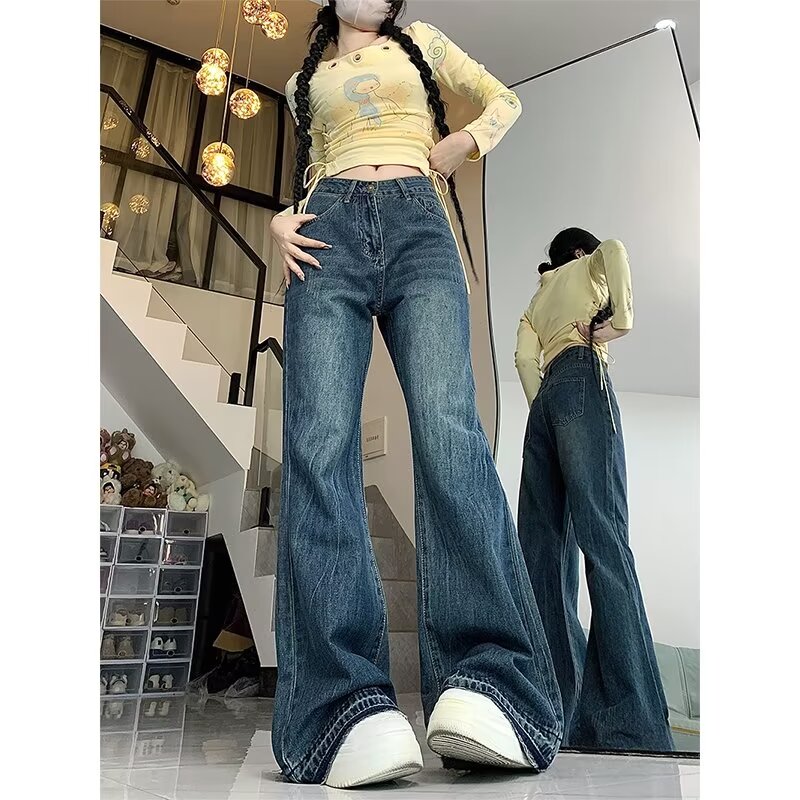 大碼美式復古微喇叭牛仔褲女春秋胖mm寬鬆顯瘦高腰直筒闊腿拖地褲