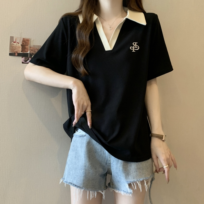 822#實拍  棉珠地 2024夏裝 繡花polo領短袖T恤女寬鬆