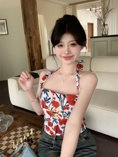 实拍~甜美背心女夏外穿美背蝴蝶结油画抹胸上衣