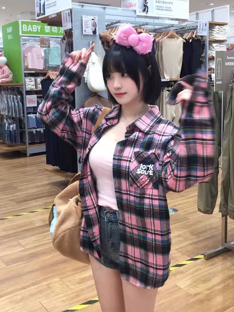復古粉青色格紋襯衫女2024新款韓版氣質ins寬鬆休閒顯瘦襯衣外穿