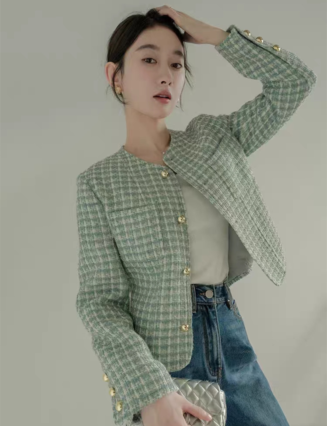 小香風金扣外套女2024春秋季新款高級感名媛氣質圓領短款夾克上衣