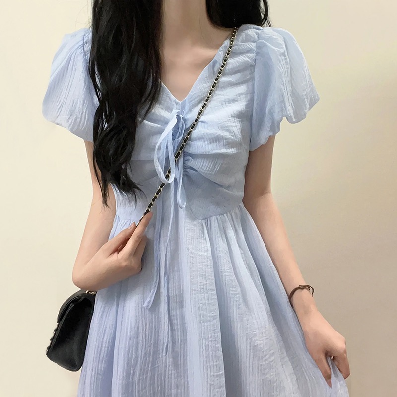 藍色法式泡泡袖v領連衣裙小個子設計感小眾夏季新款收腰天絲裙子