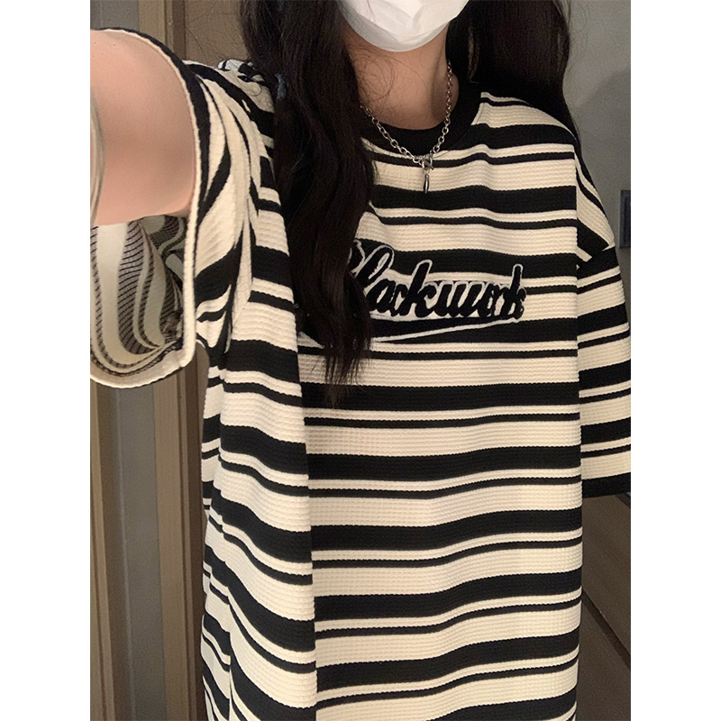 官圖色織提花美式復古條紋短袖t恤女夏季設計感短袖上衣女