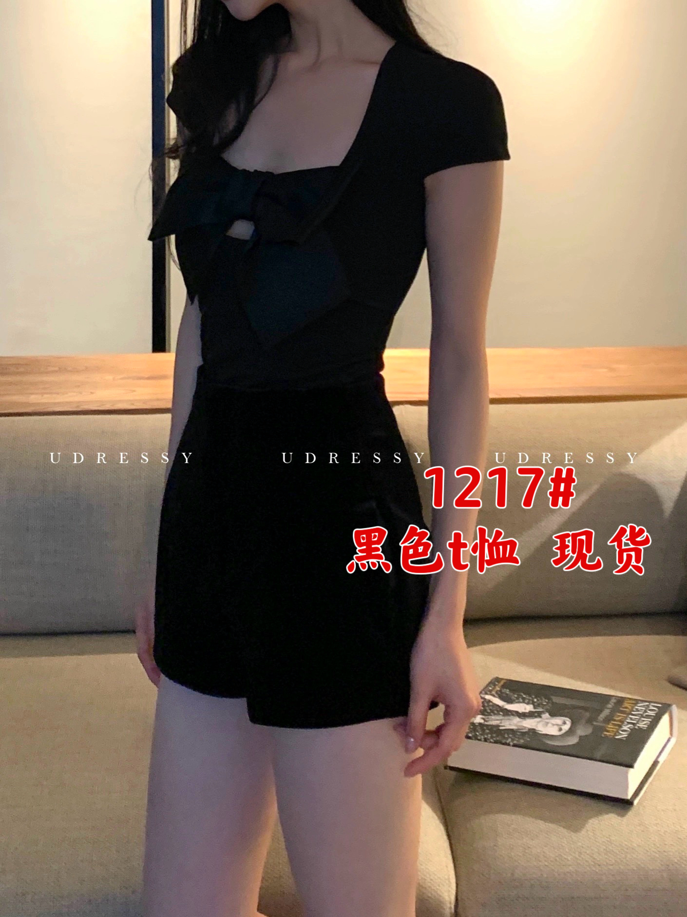 UDRESSY 自製23夏季大蝴蝶結挖空質感黑色收腰短袖上衣