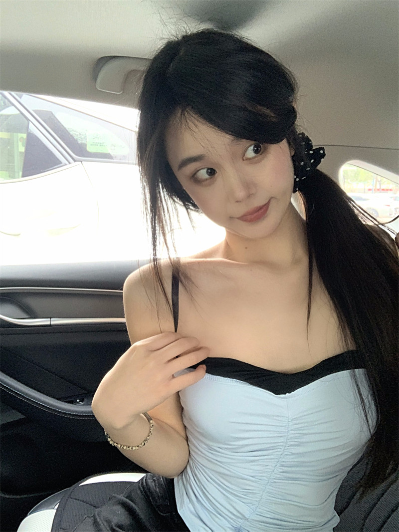 實拍   辣妹吊帶背心雙層拼接彈力褶皺修身顯瘦上衣