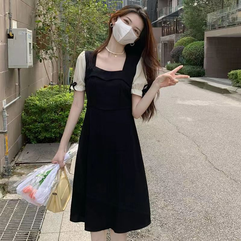2024夏季新款撞色方領泡泡袖收腰中長款連衣裙女裝小個子氣質裙子
