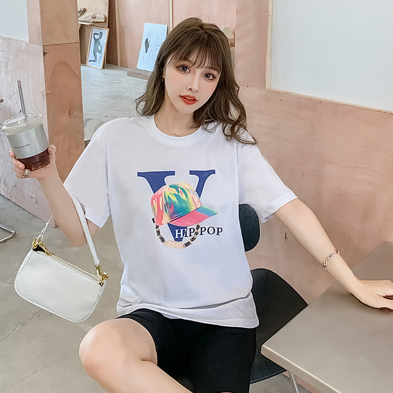 實拍白色短袖t恤女新款韓版寬鬆百搭中長款上衣大碼胖MM印花體恤