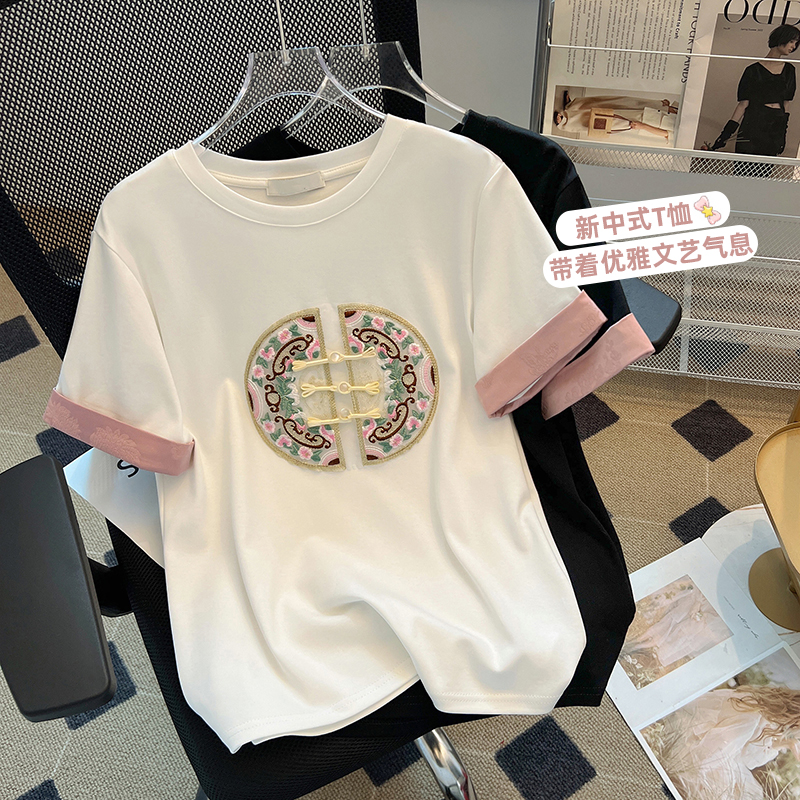 2024新款新中式輕國風盤扣刺繡T恤女短袖寬鬆圓領體恤打底衫上衣