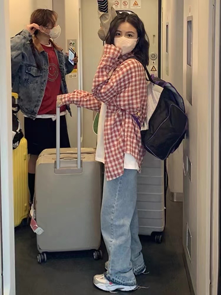 復古紅色格子襯衫上衣女早春季2024新款寬鬆別致襯衣防曬外套薄款