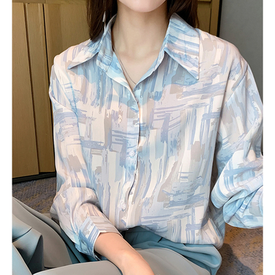 雪紡衫女裝復古港味小眾polo衫炸街上衣韓版印花寬鬆襯衫