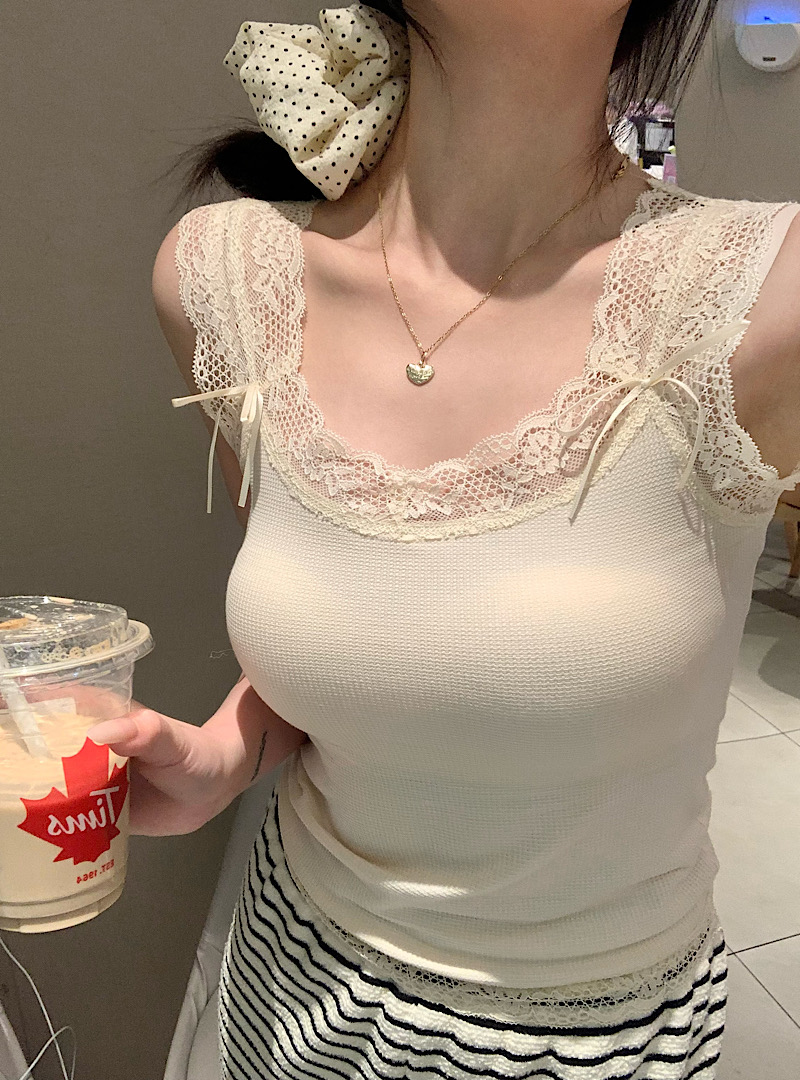 實拍 清純雙生蕾絲奶酪格 軟糯吊帶背心夏季新款