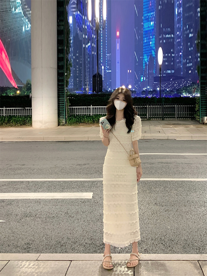 實拍#夏季新款韓版小清新圓領蕾絲鏤空長款修身兩件套連衣裙