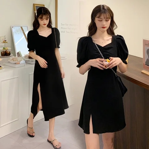大碼法式赫本風開叉連衣裙子2024年新款胖MM設計感顯瘦小黑裙女夏
