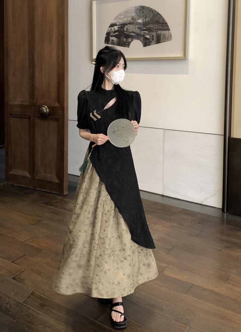大碼女裝新中式假兩件撞色連衣裙夏季新款氣質氛圍設計款中長裙子