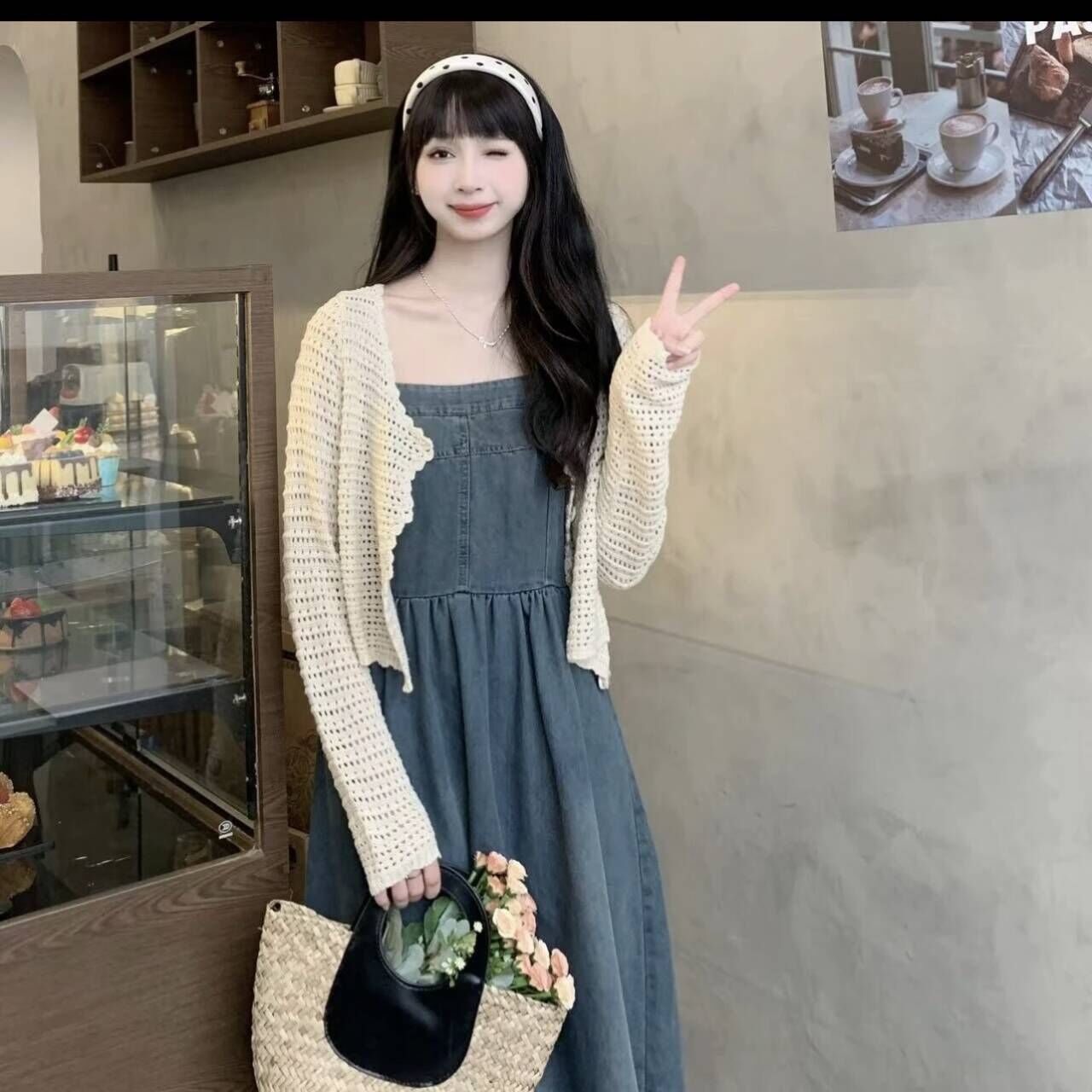 新款吊帶牛仔連衣裙女夏季遮肉顯瘦裙子開衫套裝