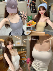 Actual shot ~ Thin fine velvet feel chest pad integrated solid color slim fit and versatile elastic camisole top