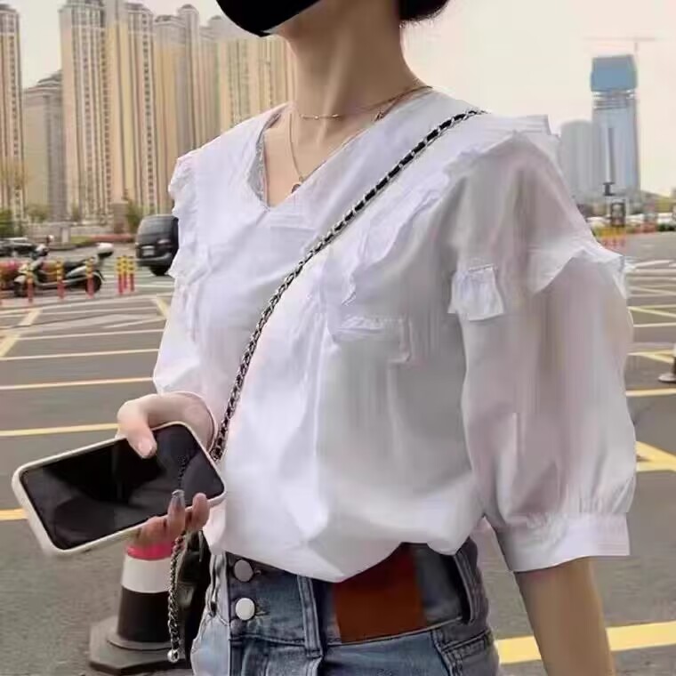 設計感天絲雪紡襯衫女夏季甜美泡泡袖小衫娃娃領減齡小眾百搭上衣