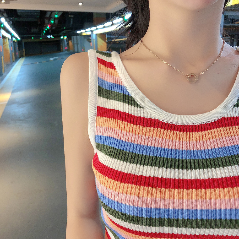 夏季新款韓版彩虹條小背心女夏外穿內搭短款露臍打底無袖針織上衣