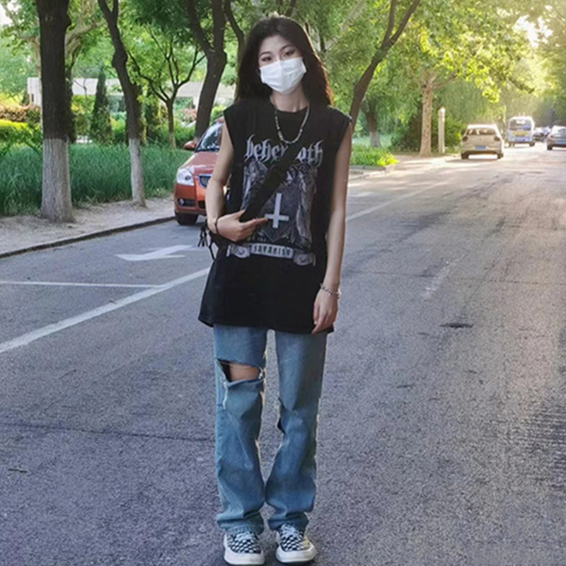 吊帶背心女夏季中長款寬鬆運動籃球服無袖t恤上衣美式復古i