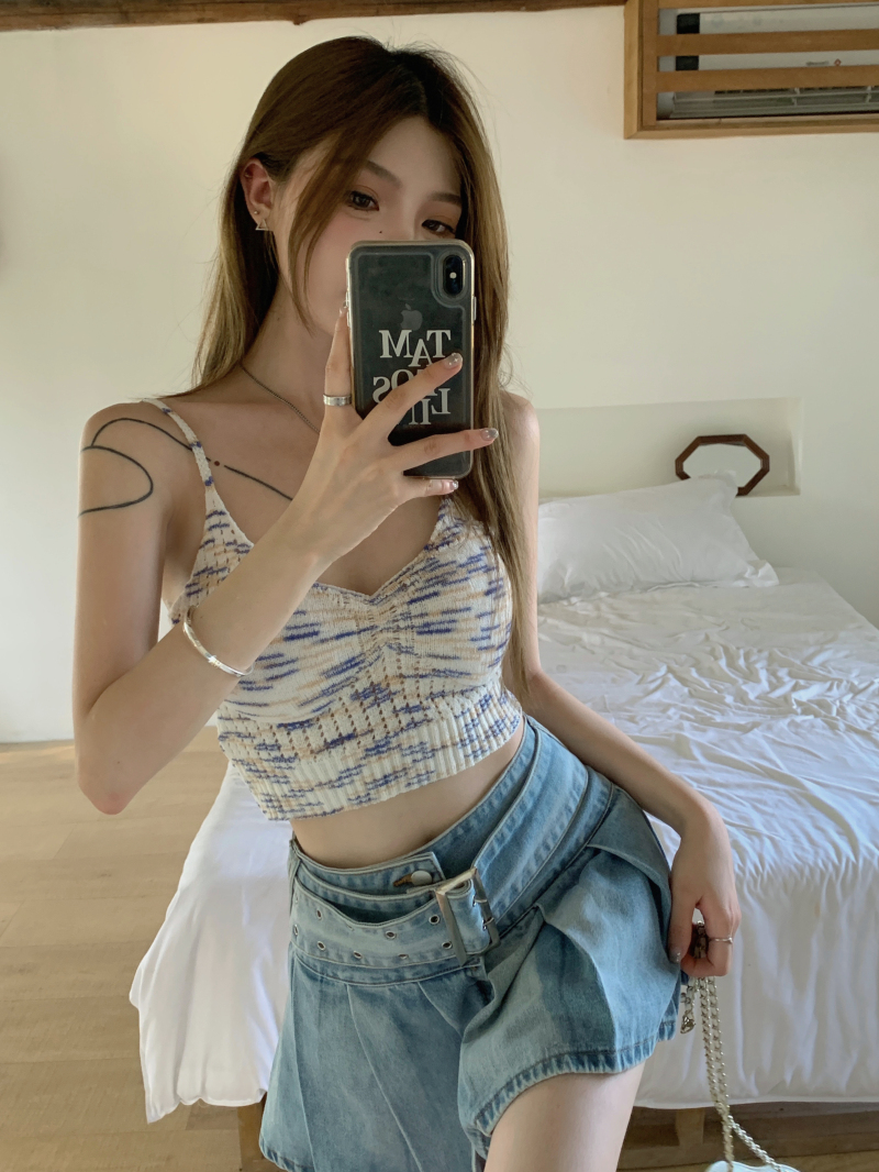 實拍~春夏新款辣妹V領帶胸墊彩色高腰內搭外穿吊帶背心