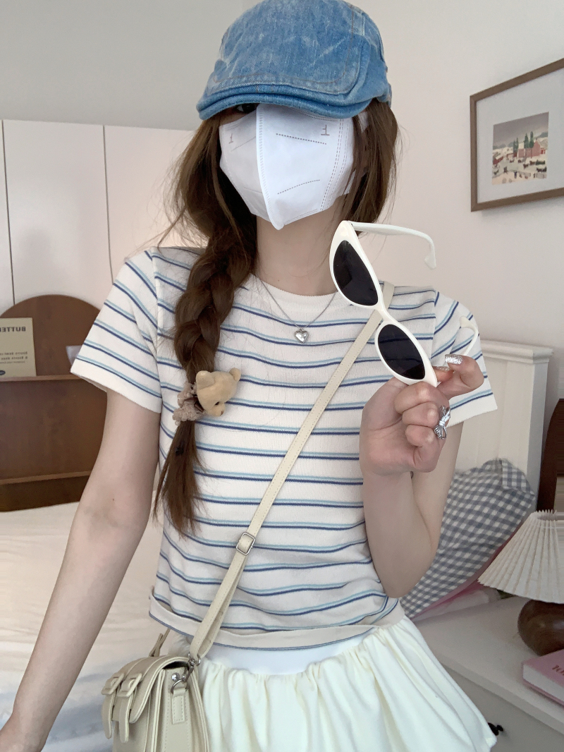 實拍 復古小眾短袖條紋T恤女夏季修身顯瘦打底衫百搭正肩上衣