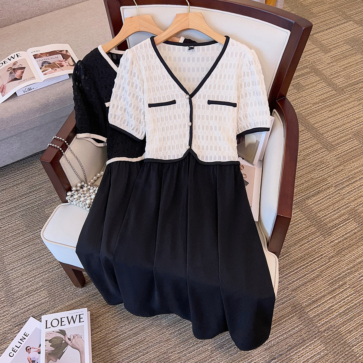 Actual shot of 2024 summer new style fat mm temperament slimming French style small fragrant patchwork waist dress