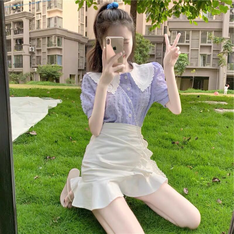 夏裝女裝香芋紫設計感小眾復古泡泡袖紫色碎花上衣娃娃領襯衫