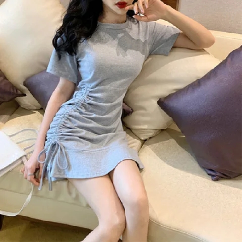 夏季荷葉邊系帶連衣裙抽繩修身裙子女學生韓版寬鬆性感高腰短裙潮