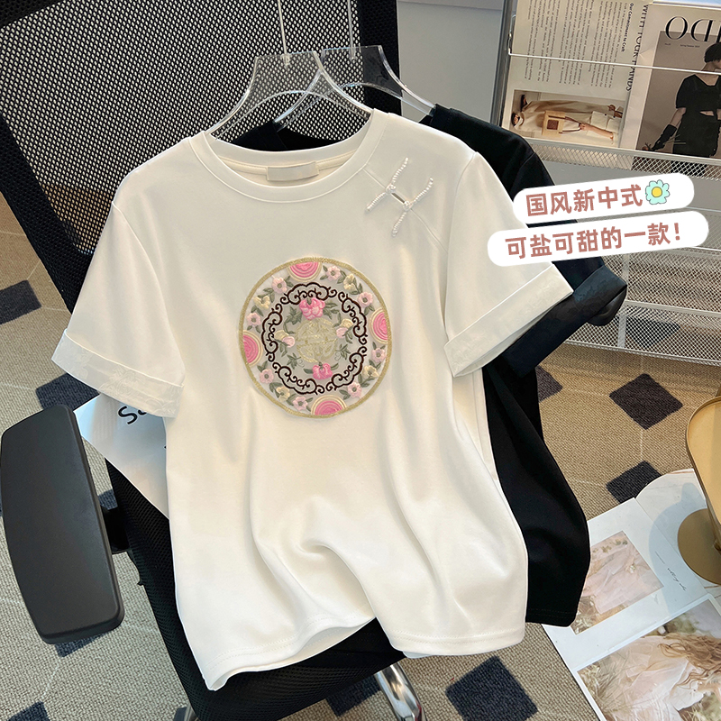 黑色新中式國風短袖t恤女2024新款春夏季設計感小眾內搭打底衫ins