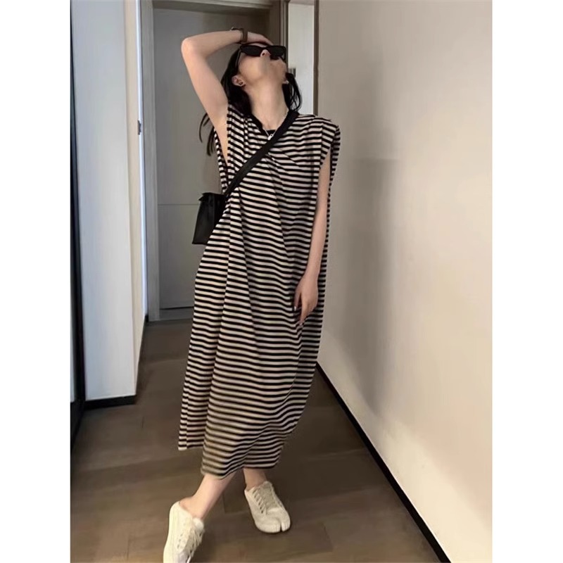 大碼女裝條紋無袖連衣裙女夏季微胖妹妹mm遮肉寬鬆顯瘦休閒長裙子