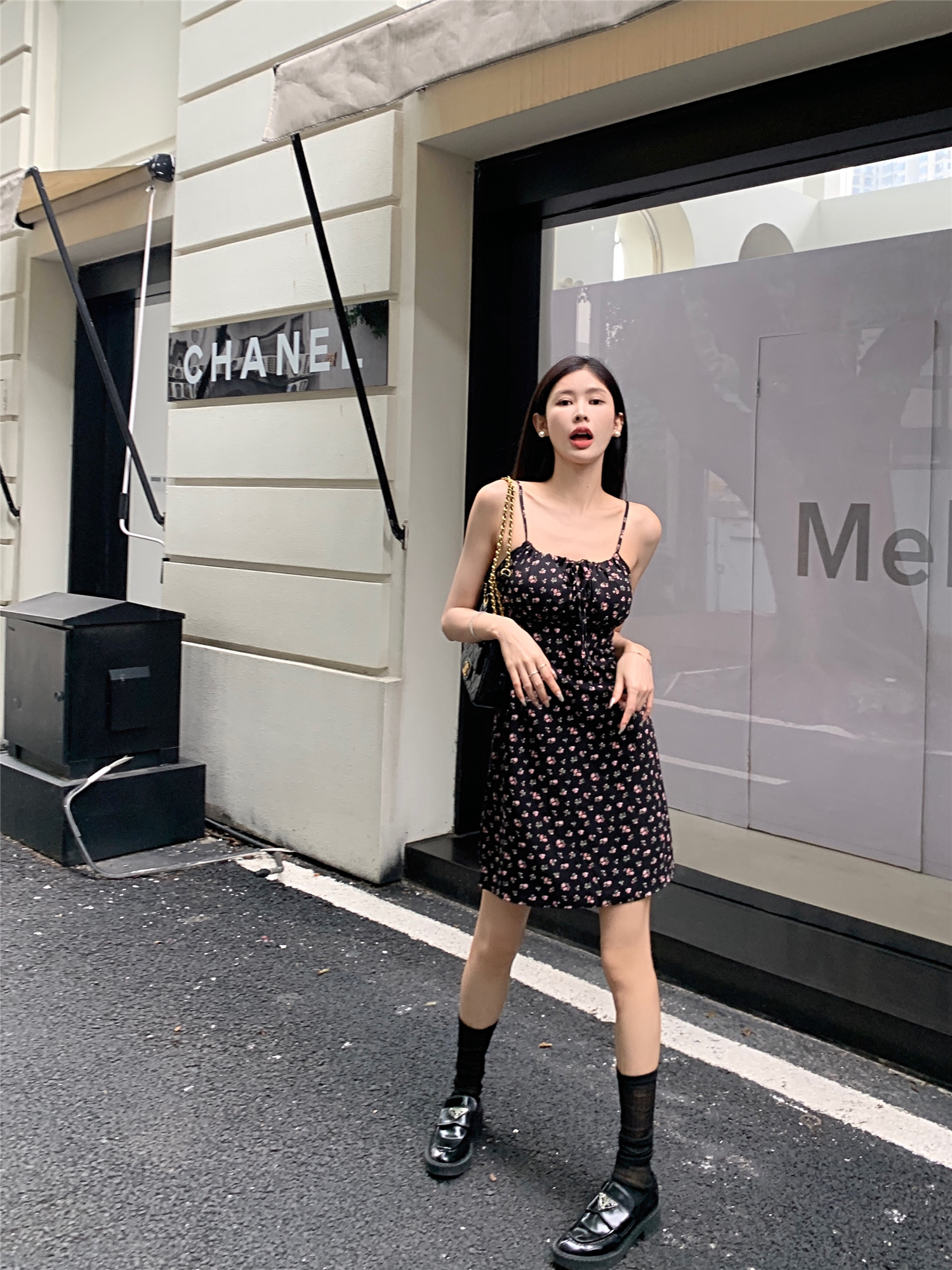 Real shot~High waist sleeveless A-line skirt 2024 summer new floral suspender dress