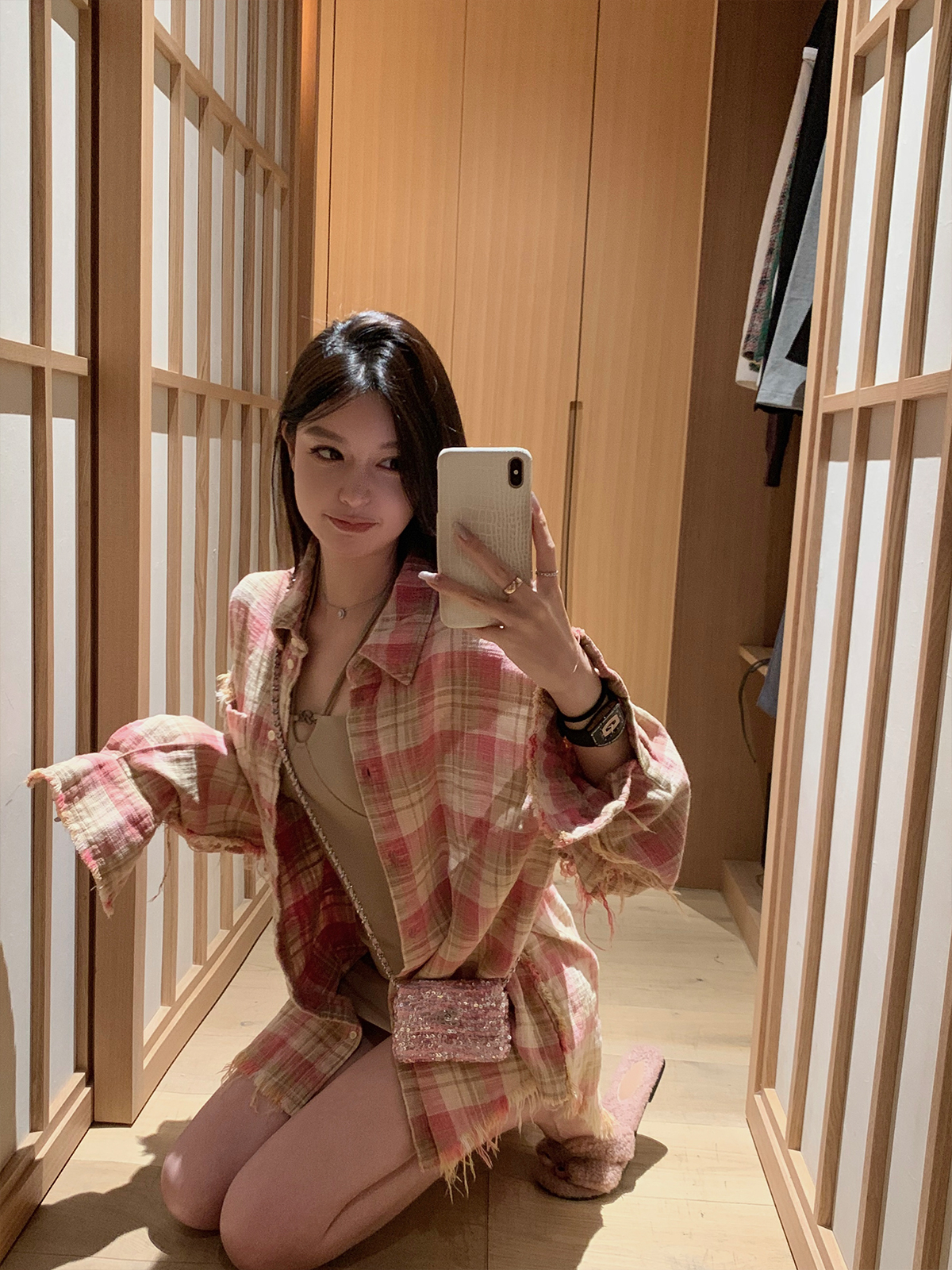 早安樊樊磨毛復古格紋粉色襯衫外套女秋寬鬆中長款慵懶風長袖上衣