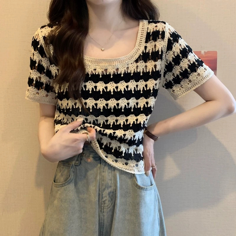 U領復古條紋短袖針織衫女夏季鏤空鈎花泫雅風小個子寬鬆短款上衣