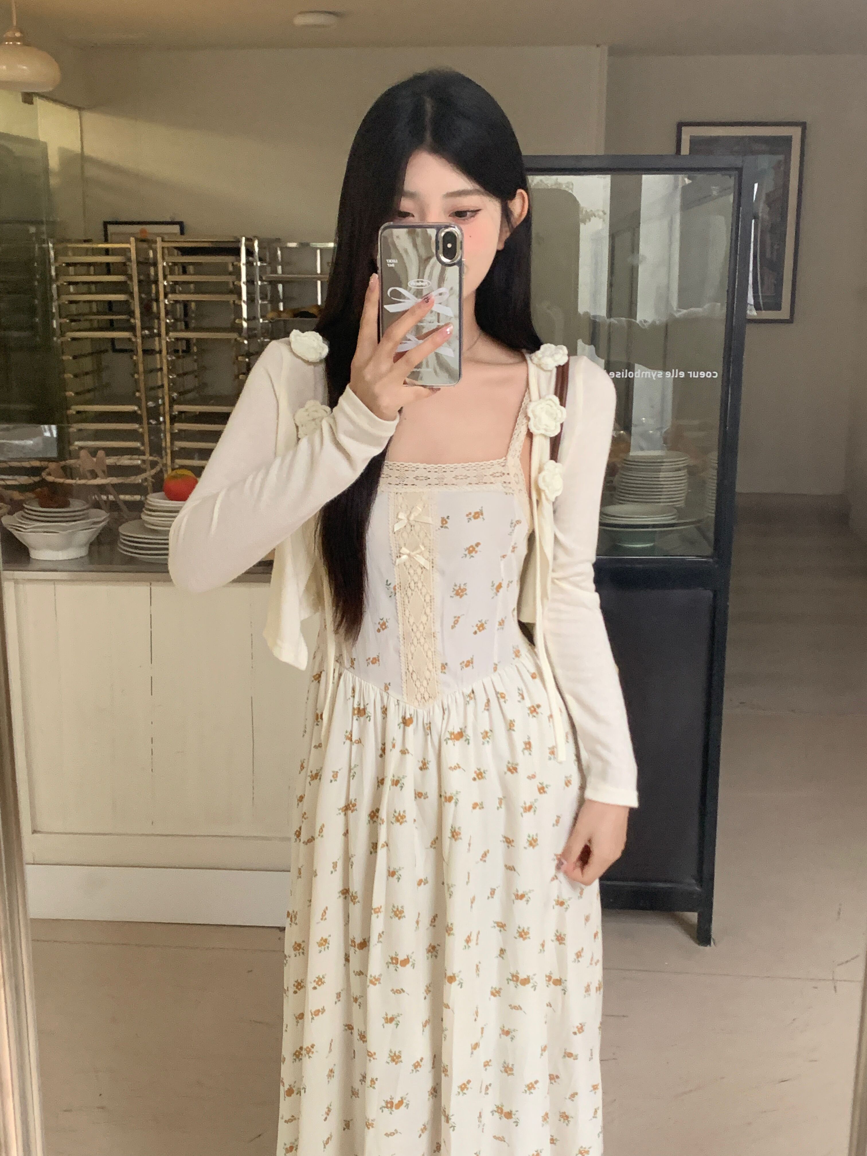 實拍~溫柔風碎花方領吊無袖連衣裙蝴蝶結顯瘦長裙