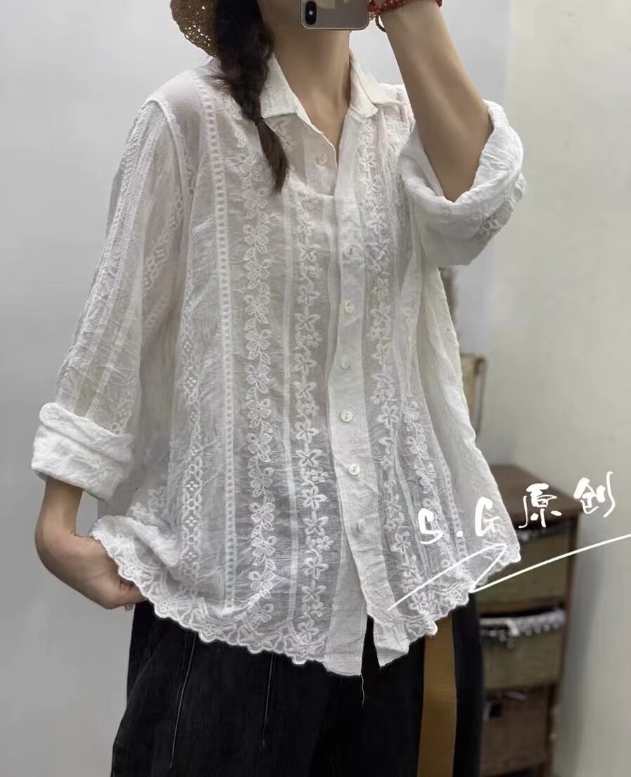 純棉休閒刺繡襯衫女韓版新款甜美寬鬆型純色顯瘦日系長袖襯衫