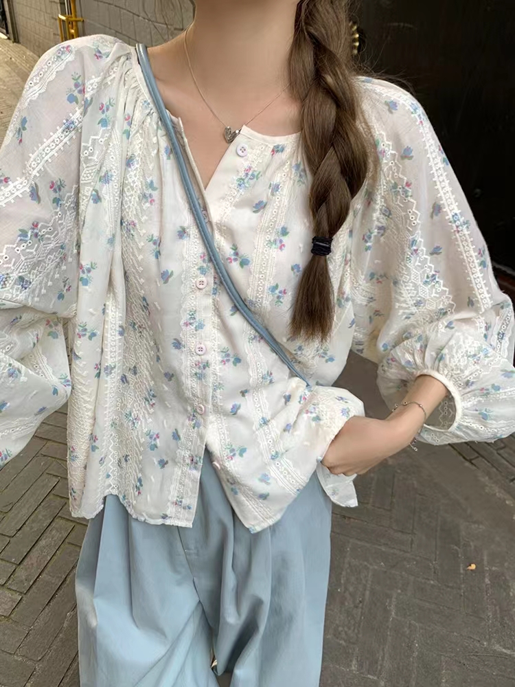 烏77小清新碎花長袖襯衫小個子寬鬆顯瘦圓領甜美少女感百搭雪紡衫