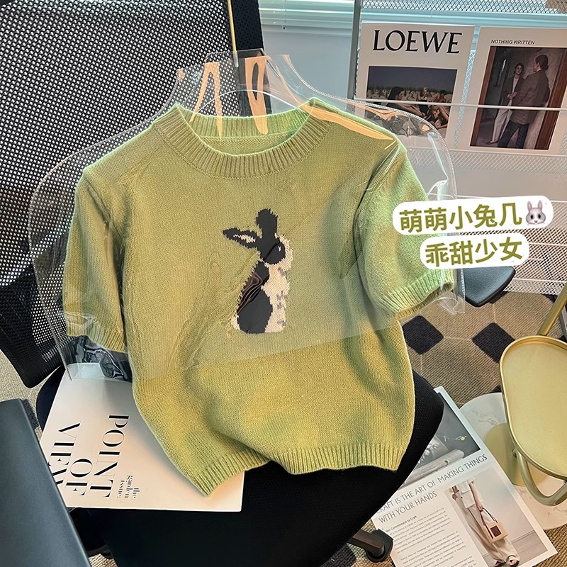 計感小眾可愛小兔子拼色套頭短袖針織衫春季百搭減齡短款氣質毛衣