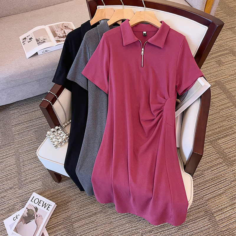 Actual shot of 2024 summer new style fat mm fashion slim casual half-open collar pleated slit dress
