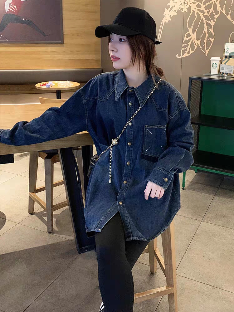 牛仔襯衫女內搭疊穿設計感小眾寬鬆韓版復古別致襯衣外套春秋休閒