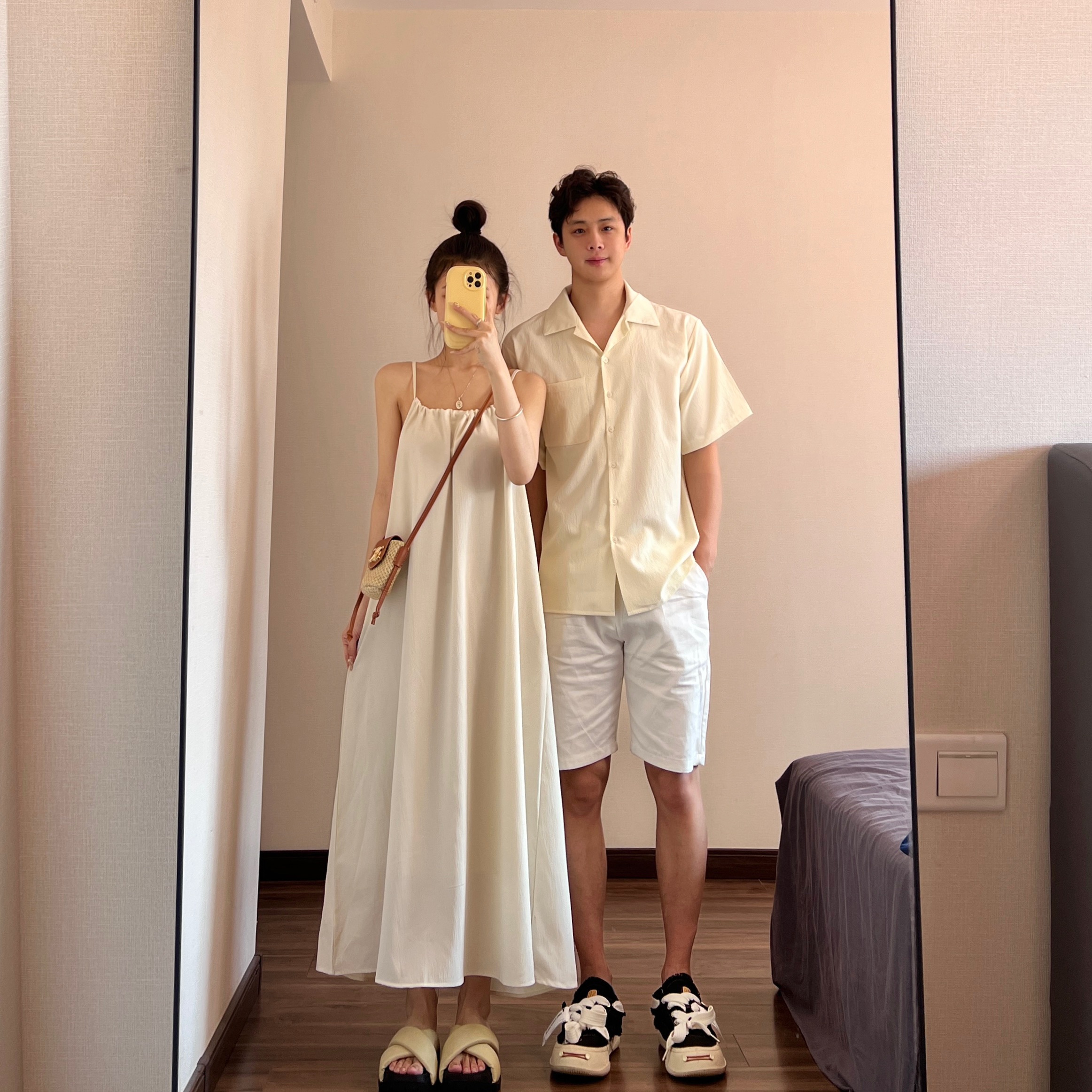實拍#出貨中#情侶裝連衣裙子女夏季海邊度假風襯衫吊帶裙一衣一裙