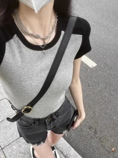 92棉/8氨綸黑色拼接緊身上衣夏裝辣妹體恤修身顯瘦辣妹減齡短上衣