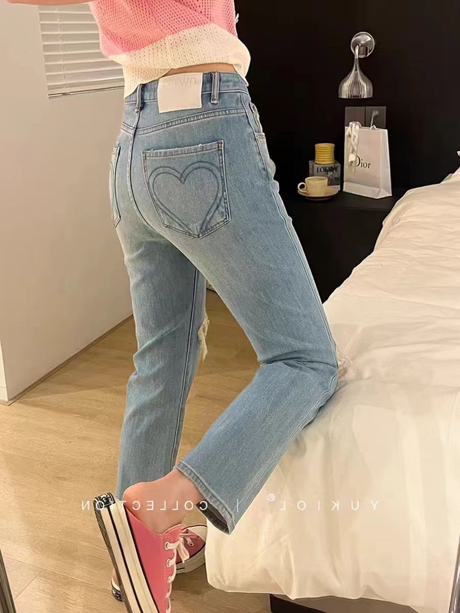 春季新款破洞九分直筒牛仔褲女淺色高腰修身彈力小個子法混煙管褲