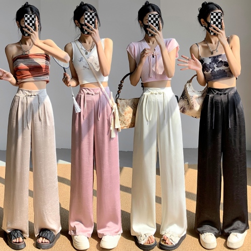 Actual shot of new Chinese-style satin jacquard wide-leg pants for women 2024 spring and summer new high-waisted slim casual floor-length pants